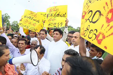 Leader of opposition Sajith Premadasa stages a protest against the 20th Amendment to the Sri Lanka Constitution. Photo: Saroj Pathirana / Twitter