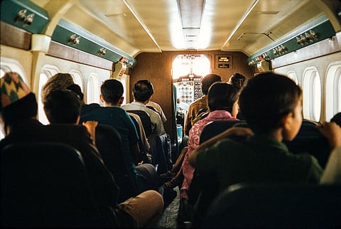 Inside of a Twin Otter airplane. Nepal, 1974. Photo: Rich Pfau / Nepal Peace Corp Photo History Project