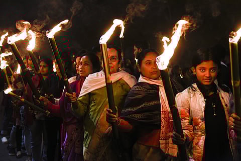All Assam Students’ Union (AASU) along with 30 ethnic organisations take part in a torch light procession rally in protest against Citizenship (Amendment) Act in Guwahati, January 2020. Photo: IMAGO / ZUMA Wire.