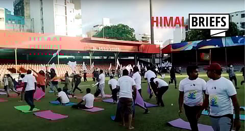 Mob storms yoga day event organised by the Maldivian government and the Indian High Commission at the Maldives national stadium. 21 June 2022. Screengrab: Crannofonix / Youtube.