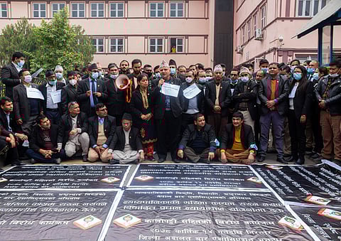 Lawyers protest demanding the resignation of Chief Justice Cholendra Shumsher Rana on the premises of the Supreme Court in Kathmandu, Nepal. November 2021. Photo: NurPhoto / IMAGO.