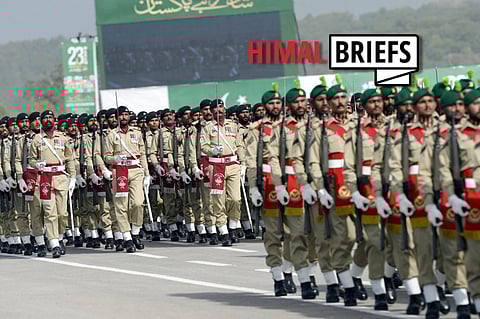 Soldiers march during the Pakistan Day military parade in Islamabad on 23 March 2022. The military’s continuous domination of the state means its ability to shape national policies without the participation of the civil administration remains well intact. Photo: Xinhua / IMAGO