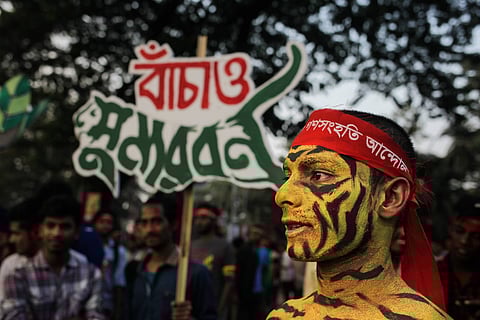 Protesters hold placards and a tiger replica during a protest demanding the scrapping of the proposed Rampal power plant in Dhaka, Bangladesh in November 2016. Photo: ZUMA Press / IMAGO