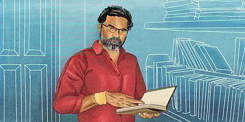 Pandiyakannan insisted that one can only write as he does from actual experience with manual scavenging. “When I write,” he said, “I use the same hands that have carried shit.” Illustration by Akila Weerasinghe