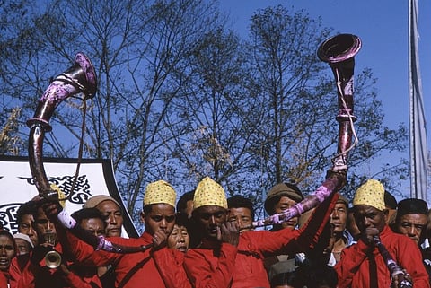 A Nepali band playing at the coronation of the chogyal of Sikkim in 1965. Sikkimese-Nepalis have lived in Sikkim for many generations, yet their rightful place in Sikkim and in India is still frequently questioned.   Photo: Alice S Kandell / Library of Congress