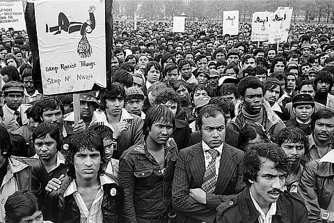 A rally in London’s Hyde Park after Altab Ali – a 25-year-old Bengali textile worker – was murdered by racist teenagers in May 1978. This was a watershed moment in the British Bangladeshi community’s mobilisation against the wider structures of racism. Photo courtesy: Paul Trevor