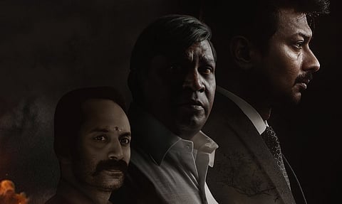 A theatrical poster for Maamannan, directed by Mari Selvaraj. The film is explicitly a work on casteism and representation in electoral politics – and a response, Selvaraj has claimed, to the 1992 hit Thevar Magan. Photo: Red Giant Movies / Wikimedia Commons