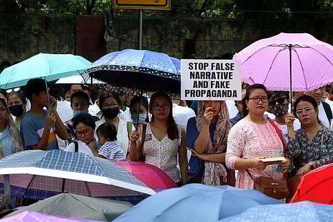 Meities protesting the violence in Manipur and demanding protection from Kukis at a rally in Delhi organised by the Manipur Coordination Committee. A tragic factor in the Manipur crisis has been the erosion of the state’s civil society, evident in the vicious other-ing of fellow citizens and neighbours. Photo: IMAGO / Hindustan Times