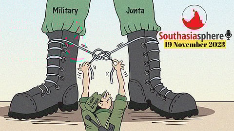 In Myanmar, armed groups battling the military junta continue to make advances across Chin, Rakhine and Shan states, part of a coordinated attack dubbed “Operation 1027”.
Cartoon by Gihan de Chickera