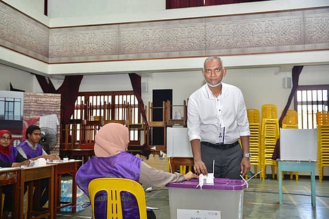 Mohamed Muizzu casts his vote at a polling station in Male, Maldives, Sept. 30, 2023. Mohamed Muizzu, candidate of the coalition of Progressive Party of Maldives (PPM) and People s National Congress (PNC), emerged as the winner in the runoff presidential election in the Maldives. Photo: IMAGO / Xinhua
