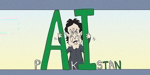 On 17 December, Pakistan’s former prime minister Imran Khan delivered a speech using an AI-generated audio clip at a ‘virtual rally’ hosted by the PTI. Cartoon by Gihan de Chickera
