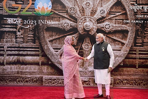 Sheikh Hasina meets Narendra Modi at the G20 meeting in New Delhi in September 2023. Amid US pressure on Bangladesh to hold a free and fair election, the Indian government has taken the lead in defending Hasina and her increasingly undemocratic administration. Photo: IMAGO / ZUMA Wire
