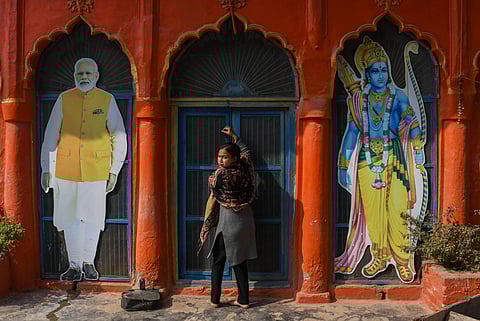 A local temple in Ayodhya with cutouts of Ram and Narendra Modi. Modi’s inauguration of the Ram Mandir on the site of Ayodhya’s demolished Babri Masjid represented a brazen fusion of religious and political power that once felt unthinkable in an avowedly secular India. Photo courtesy: IMAGO / SOPA Images