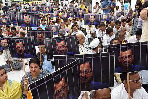 Supporters of Delhi’s chief minister Arvind Kejriwal undertake a mass fast to protest his arrest on charges of corruption, as the government cracks down on opposition leaders weeks before the general election. Photo: IMAGO / Pacific Press Agency