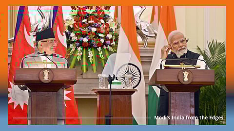 India’s prime minister Narendra Modi and Nepal’s prime minister Pushpa Kamal Dahal announce a hydropower deal in June 2023. New Delhi’s Nepal strategy under Modi has evolved to focus more on connectivity and less on Nepal’s internal politics. Photo: IMAGO / Hindustan Times