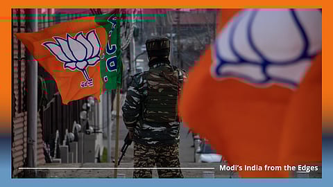 An Indian paramilitary soldier at a checkpoint along the Jhelum river in Srinagar ahead of Narendra Modi’s visit in March 2024 – his first since Jammu and Kashmir was stripped of special status. India’s right wing has used Kashmir – the country’s only Muslim-majority territory – as the prototype for its project of creating a Hindu majoritarian nation. Photo: IMAGO/Zuma Wire