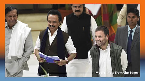 The DMK president M K Stalin (second from left) with the Indian National Congress leader Rahul Gandhi (second from right) during a meeting of opposition parties in 2018. Tamil Nadu, where the DMK now controls the state government, has for the past ten years been a bulwark against Modi, the BJP and the right-wing politics that has swept much of India. Photo: IMAGO/Hindustan Times
