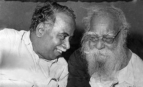 E V Ramasamy (right) and C N Annadurai (left), founders of the Dravidian movement. In view of the Hindu Right’s assertive presence in Indian public life, ideas from the movement have acquired a new lease on life – but it remains to be seen how much they resonate with the citizenry at large. Photo: Wikimedia Commons