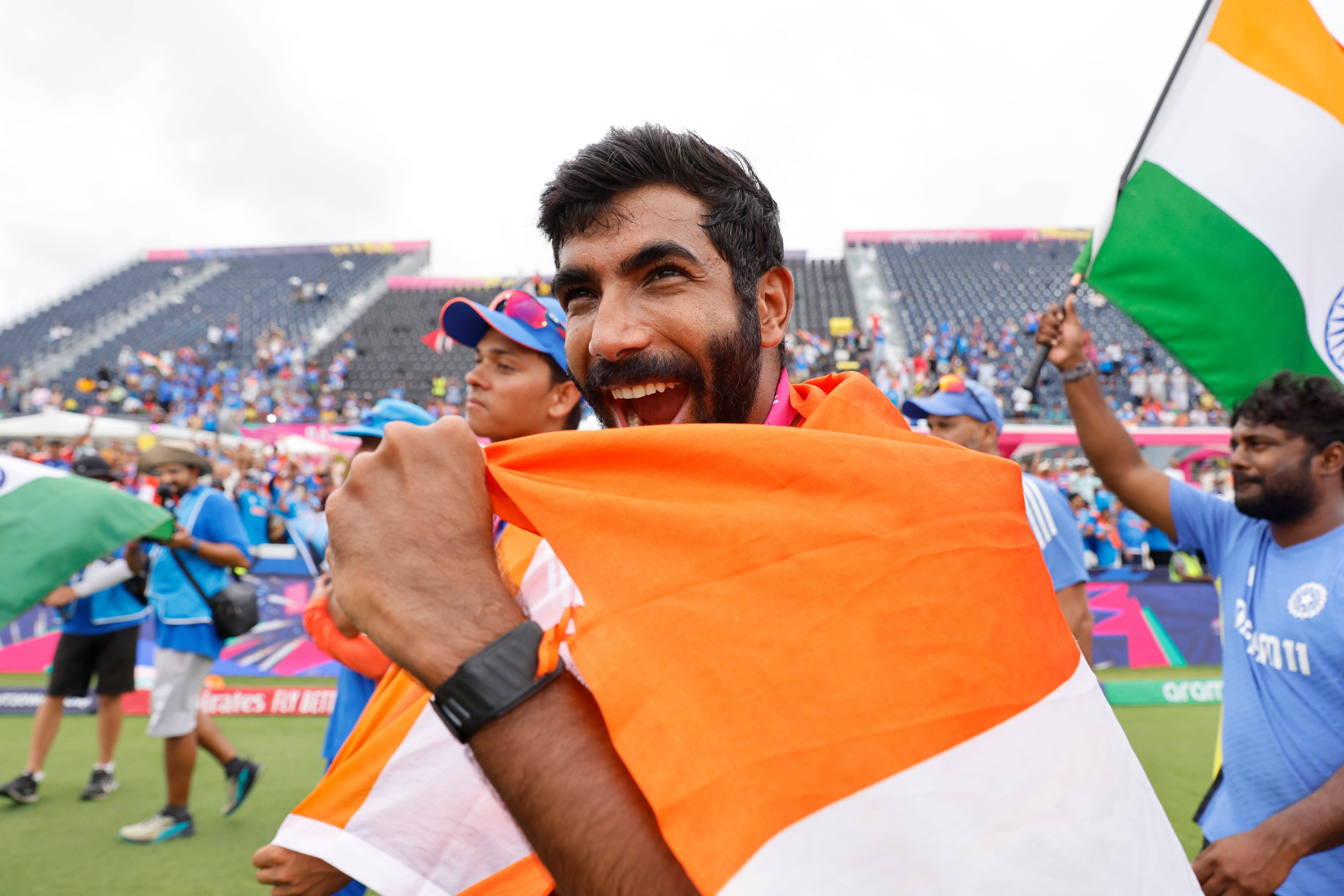Jasprit Bumrah celebrates India’s victory in the final of the 2024 T20 World Cup. Bumrah is a paragon of the democratisation of Indian cricket, embodying a certain post-liberalisation social mobility and cricket’s changing caste demographics.