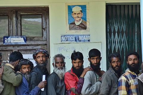 Voters queue in Indian-administered Kashmir during the 2024 Indian general election. For the first time in decades, separatist groups did not call an election boycott and parties campaigned in Kashmir without fear.