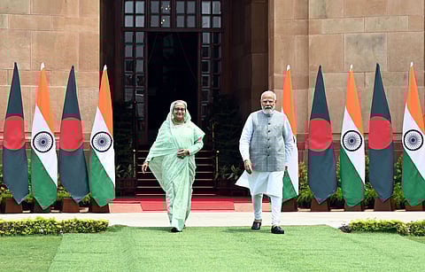 Sheikh Hasina, as the prime minister of Bangladesh, visits her Indian counterpart Narendra Modi in June 2024. Modi’s government backed Hasina’s rule as she became increasingly authoritarian, and now faces massive public anger in Bangladesh after her fall.