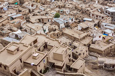 Aerial view of Leh, the capital city of Indian-administered Ladakh in the disputed Kashmir region. (This featured image was added online in 2024, and did not appear in the original print publication.)