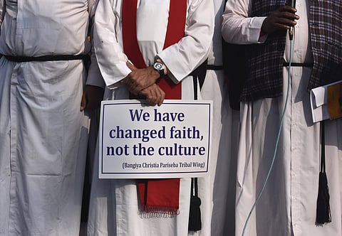 Church members including clergy belonging to different Catholic and non-Catholic churches participate in a demonstration against the vandalisation of Bastar Church, Chattisgarh. Harsh new anti-conversion laws are added obstacles for those looking to register their change in faith in Chhattisgarh and across India - particularly when converting from Hinduism