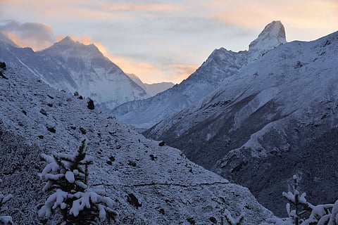 Sagarmatha National Park after snowfall, looking towards the Upper Khumbu valley.