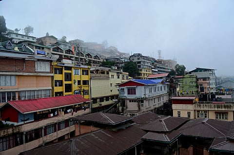 Rainfall on houses are hotels in Darjeeling, India, a famous tourist destination in North Bengal and is known as the "Queen of Hills".