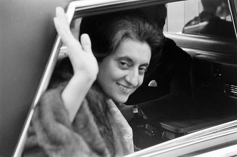 Prime Minister Indira Gandhi waving in a car in the United States in 1966. (This featured image was added online in 2024, and did not appear in the original print publication.)