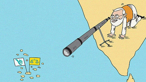 A cartoon of India prime minister Narendra Modi looking at the Maldives through a telescope. The Maldives has two flags sticking out of it - a white flag with the outline of a blue bird which represents the People's National Congress Party and a yellow flag with a set of blue scales which represents the Maldivian Democratic Party. This cartoon is about news that MDP offered India money to impeach Maldivian president Mohamed Muizzu