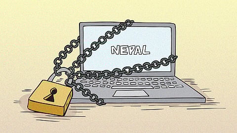 A cartoon of a laptop covered with a large chain and a gold padlock. The screen of the laptop says Nepal in white lettering on a light blue background. This cartoon is highlighting new social media regulations in Nepal which may impact freedom of speech online.