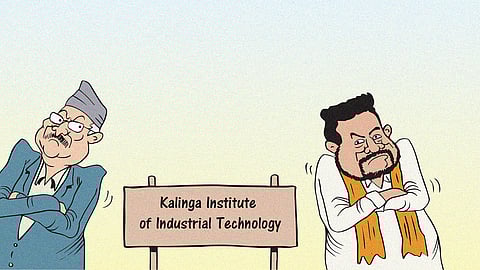 Nepal prime minister Sharma Oli and Odisha Higher education minister with backs turned, signboard reads Kalinga Institute of Industrial Technology.