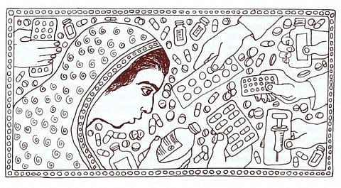 A cartoon drawing of a woman reading the label of a medicine bottle with hands reaching out with packages of pills.