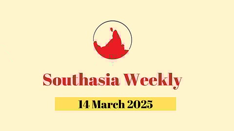 Southasia Weekly newsletter for 14 March 2025, showing a map of Southasia upside down in red on a yellow background