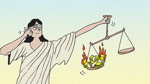 Figure of Lady Justice holding scales filled with burning cash, referring to a fire at a Delhi high court judge's house which revealed a large sum of cash