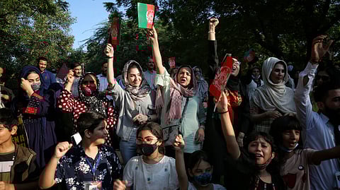Afghan nationals in Delhi at a 2021 protest against the Taliban’s treatment of women. New Delhi has been slow to engage with the Taliban, publicly citing its human-rights record as a reason.