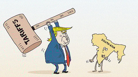 Cartoon showing Donald Trump with a hammer cracking down on Southasia in reference to the global tariffs imposed to reduce US trade deficit