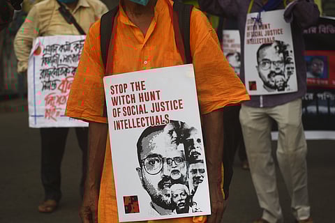 A 2020 rally in Kolkata against the detention of public intellectuals in the Bhima Koregaon case. In her book ‘The Incarcerations’, Alpa Shah delves into the details of the case, which she calls a bellwether for the collapse of democracy in India.