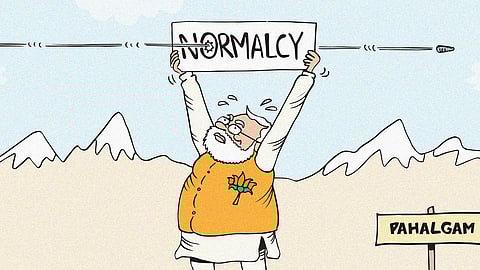 India prime minister Narendra Modi holding up a sign with the word normalcy, with a bullet piercing through it. This is after the Pahalgam shooting in Kashmir.