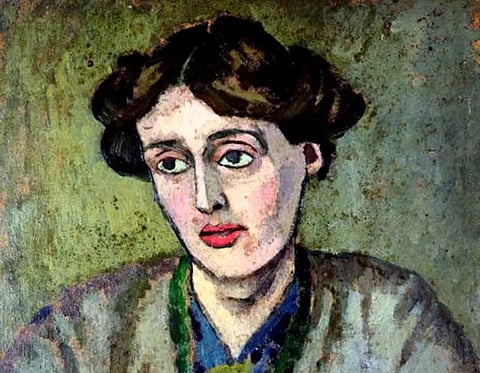 An expressionist-style portrait of Virginia Woolf, with short, dark brown hair styled in waves, wearing a muted-tone outfit, set against a textured green background.
