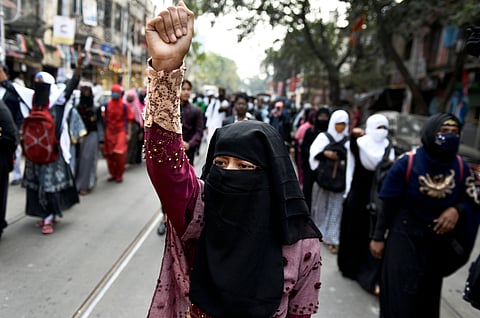 Muslim women protest against the hijab ban in Karnataka colleges in 2022. Banu Mushtaq’s International Booker Prize-winning short-story collection Heart Lamp, translated by Deepa Bhasthi, offers a rare and unflinching look at the lives of Muslim women in Kannada society.