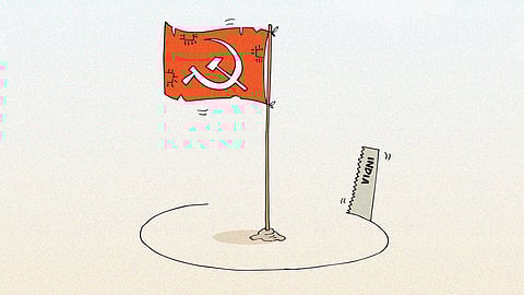 A cartoon of a saw marked India cutting a circle around the Maoist flag representing India's crackdown on Maoists