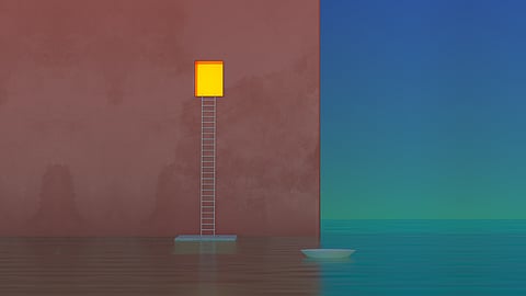 A red building surrounded by a body of water with a window glowing with light and a ladder that reaches the opening.