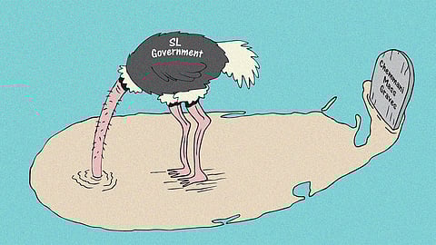 Cartoon of Sri Lankan government depicted as an ostrich burying its head in the sand of Sri Lanka to ignore a gravestone in the North marked Chemmani mass graves