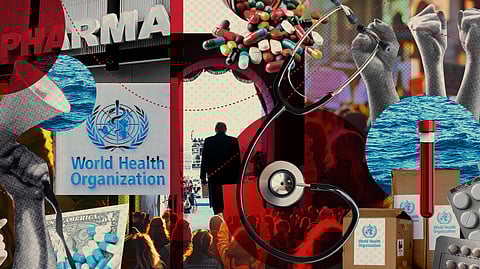 Collage showing WHO logo, pharma, pills and tablets, a doctor's stethoscope and protesters, for a story on how Trump's aid cuts have broken global health systems