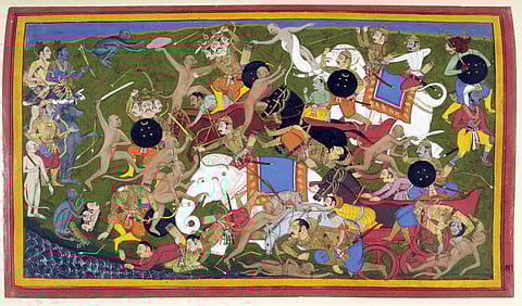 A detailed miniature painting depicting the Battle at Lanka from the Hindu epic Ramayana. The left side of the image shows Rama, his brother Lakshmana, and their allies including Hanuman. They are fighting the demon king Ravana, who is shown with ten heads and twenty arms, positioned centrally with his forces of rakshasas (demons) and war elephants. Figures are engaged in combat, wielding swords, bows and shields, while fallen warriors and animals lie at the bottom. The scene is bordered by a red and yellow frame.