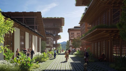 An illustration of the Geluphu Mindfulness City from the Bhutan government’s promotional material on the project. Official narratives of the project on the Bhutan-India border emphasise harmony and prosperity, but overlook economic viability and the Lhotshampa expulsion from the region