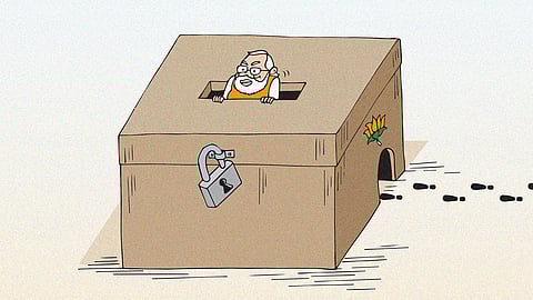 Cartoon of Narendra Modi peeking out the top of a ballot box, with footprints going in through the side, about BJP attempting to control the vote through electoral roll revisions