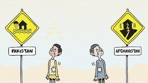 Cartoon showing two people reacting to news of an earthquake in Afghanistan and floods in Pakistan